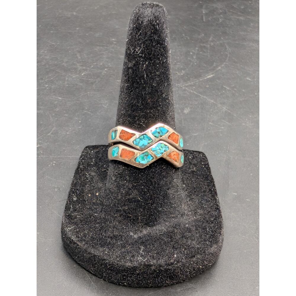 Vintage Silver 925 Turquoise Spiny Oyster Chip Inlay Chevron Stackable Ring Set